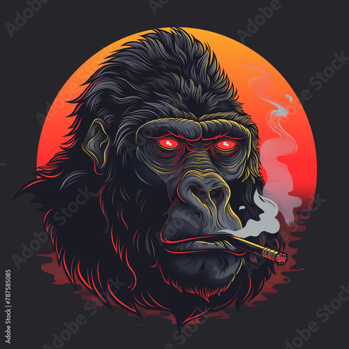 illustration, ferocious gorilla head on with smoke , on black background 