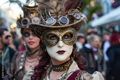 Steampunk masquerade, intricate masks and Victorian-era attire adorn attendees, adding an air of mystery and elegance to the grand event.