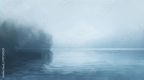 Misty lake scene with forest silhouette