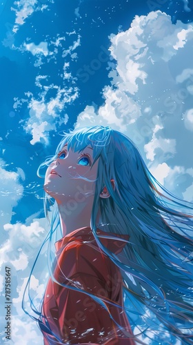 Girl light blue hair Japanese wind sunshine cloud heaven smile vital poster design wallpaper anime shojo bishoujo genki energetic vibrant cheerful kawaii dreamy ethereal adorable joyful lively photo