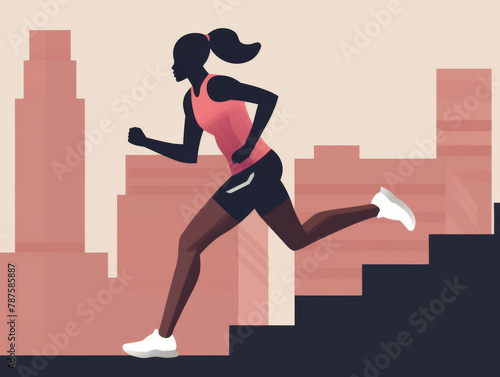 An illustration of a woman jogging in an urban environment at dusk.