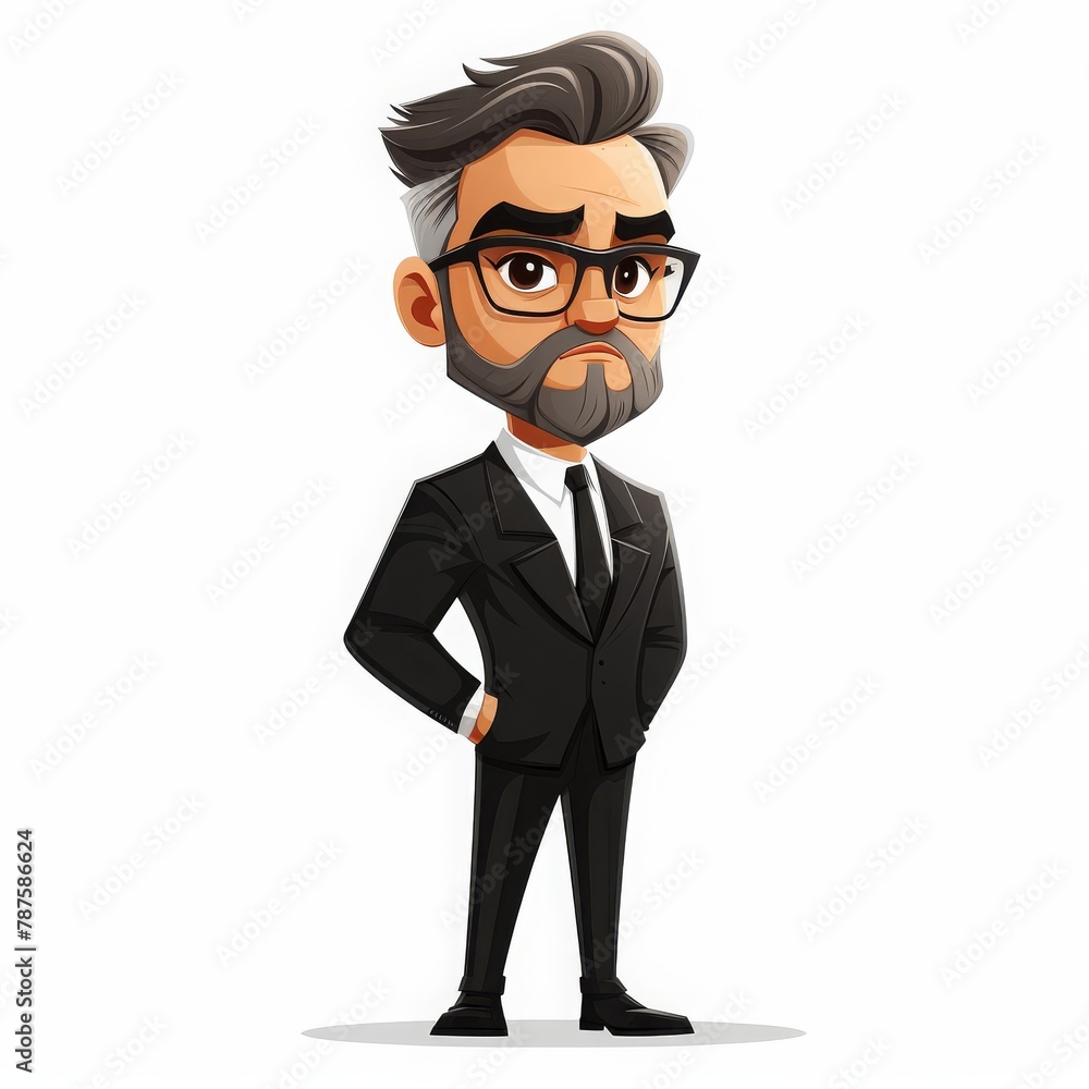 young office director office businessman boss wearing black suit vector cartoon 2d chibi character illustration