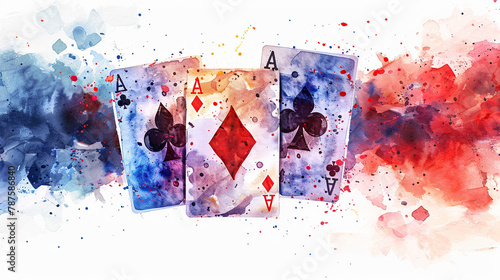 game cards uno, poker card watercolor rough textured art isolated on white background, Spades Hearts Diamonds and Clubs  photo