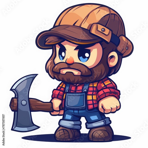 lumberjack with ax with cartoon muscular muscles on a solid white background character vector illustration
