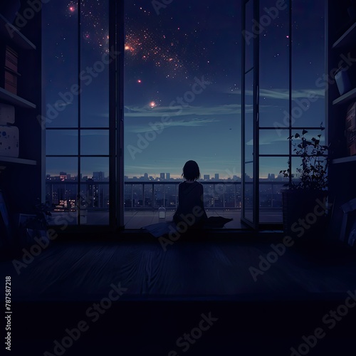 A girl is sitting on a window sill, looking out at colorful fireworks exploding in the sky. Generative AI