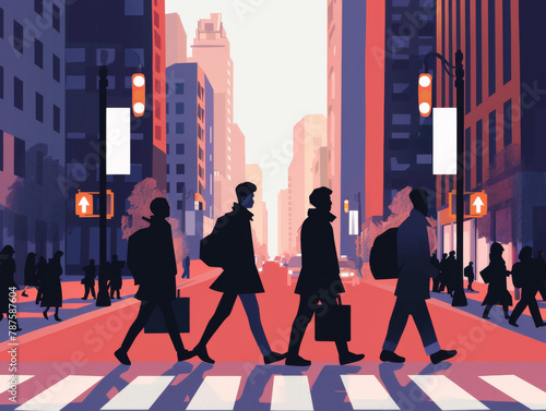 Stylized illustration of people crossing a busy city street with skyscrapers lining the road.