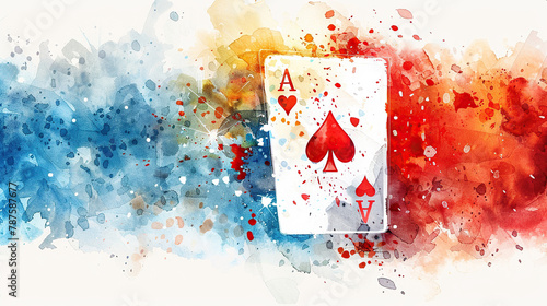 game cards uno, poker card watercolor rough textured art isolated on white background, Spades Hearts Diamonds and Clubs  photo