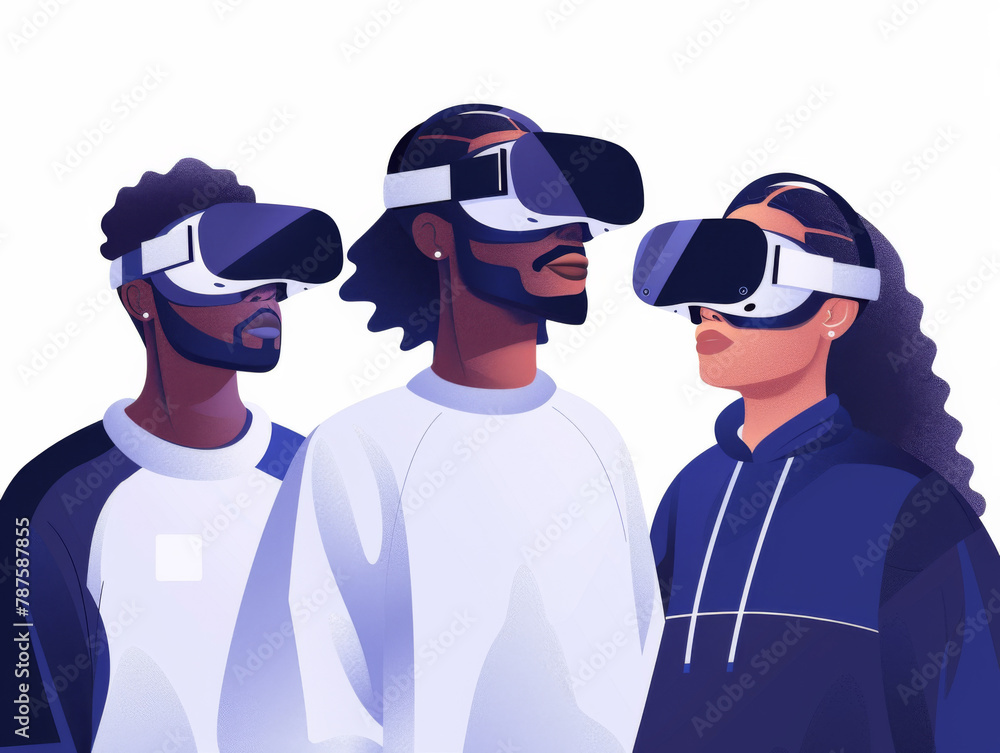 Three people with virtual reality headsets on white background. Three people with virtual reality headsets on white background.