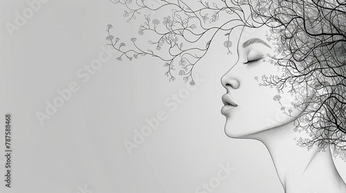 line art sketch black and white girl head or face art with space for text , business card, beauty salon, hair salon, advertisement card  © Mahnoor