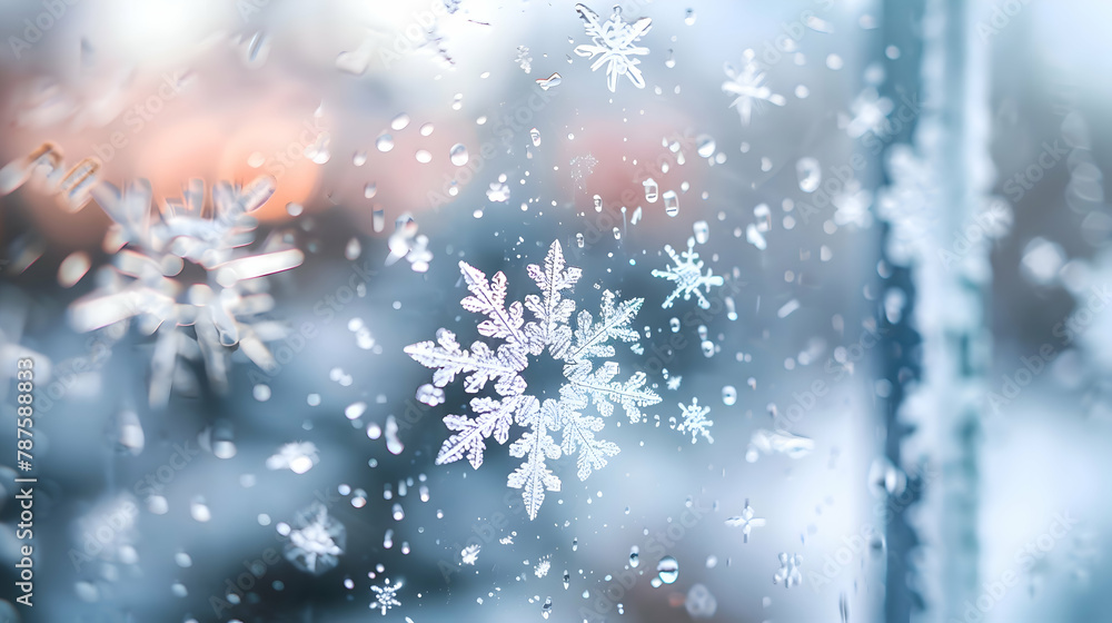Snowflakes on a windowpane during a blizzard, macro lens to show the unique patterns and clarity of the snowflakes against a blurred background Snowflakes on a windowpane during a blizzard, macro lens to show the unique patterns and clarity of the snowflakes against a blurred background