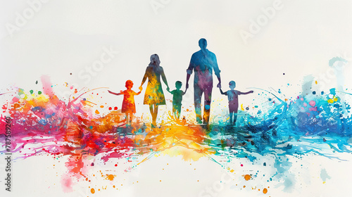 Multi colored silhouettes of family watercolor with different shades showing Diversity and inclusion, equity and belonging, happy family, parents day 
 photo