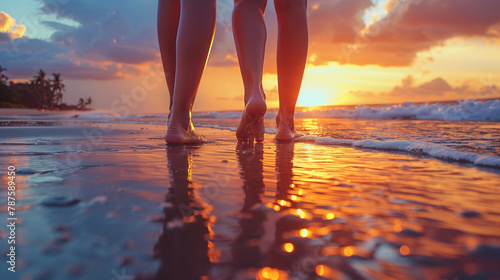 Low angle view of girls feet walking on beach at sunset