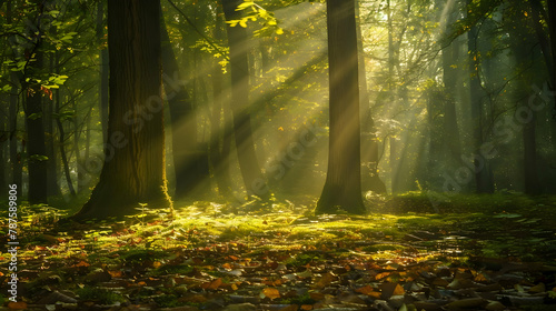 Sunbeams piercing through a dense forest during a rainy morning  long exposure to capture the rays and glistening wet leaves