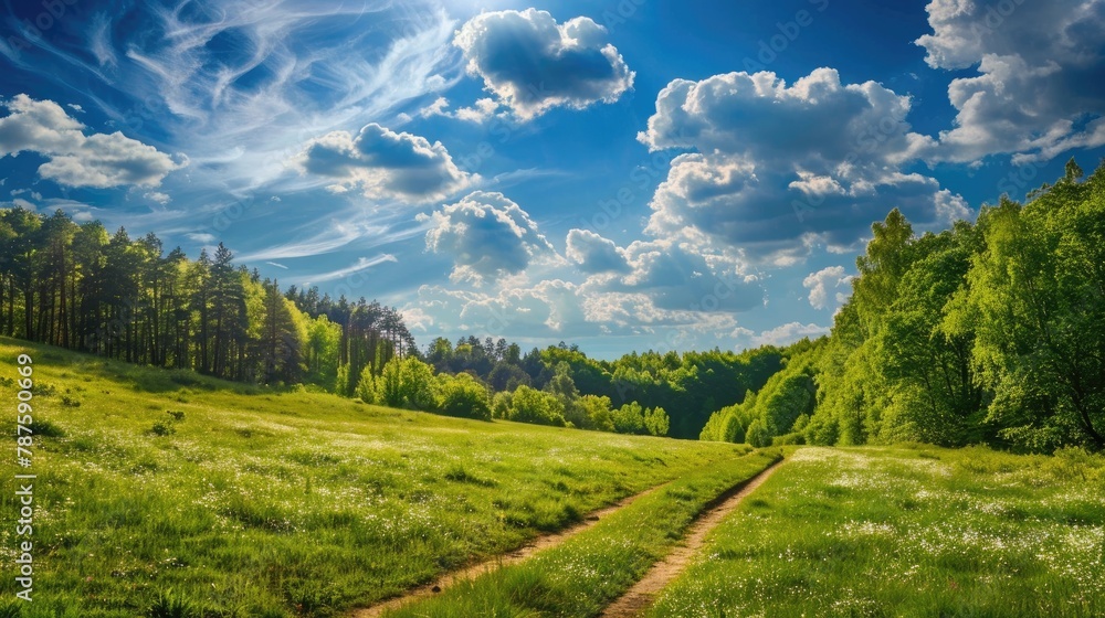 Scenic Spring Landscape with Forest Grass Dirt Path and Cloudy Blue Skies
