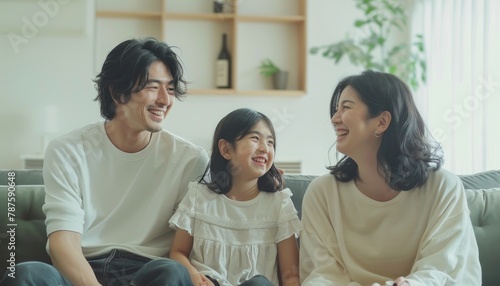 A young Japanese couple and their daughter, all smiling at the camera. Loving mother and father with kids enjoying time together at home sofa