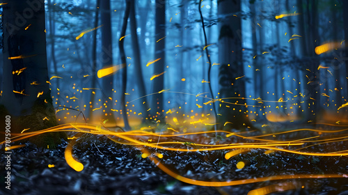 Synchronous fireflies on a warm summer night, long exposure to capture their light trails weaving through the trees