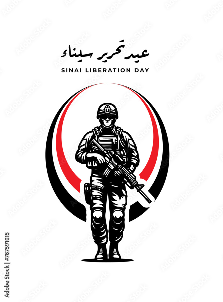 Obraz premium Translation sinai liberation day in arabic language soldier character with egypt flag greeting card icon design Soldier in the form of a circle. illustration on a white background.