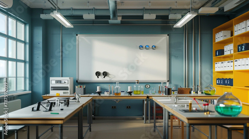 A classroom with lab benches and equipment, an empty whiteboard, and safety goggles hanging on a rack.