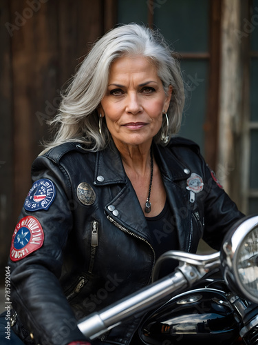 An elderly woman with gray hair and a motorcycle fanatic. © israel