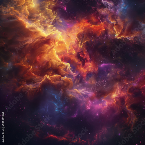 A colorful space scene with a purple cloud in the middle © Sviatlana