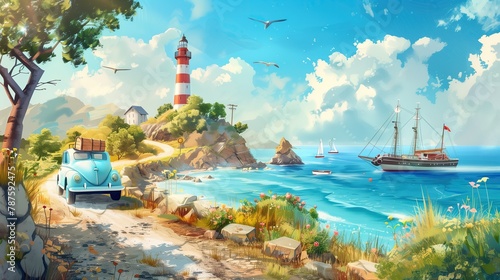 A car is driving down a road near a lighthouse and a beach