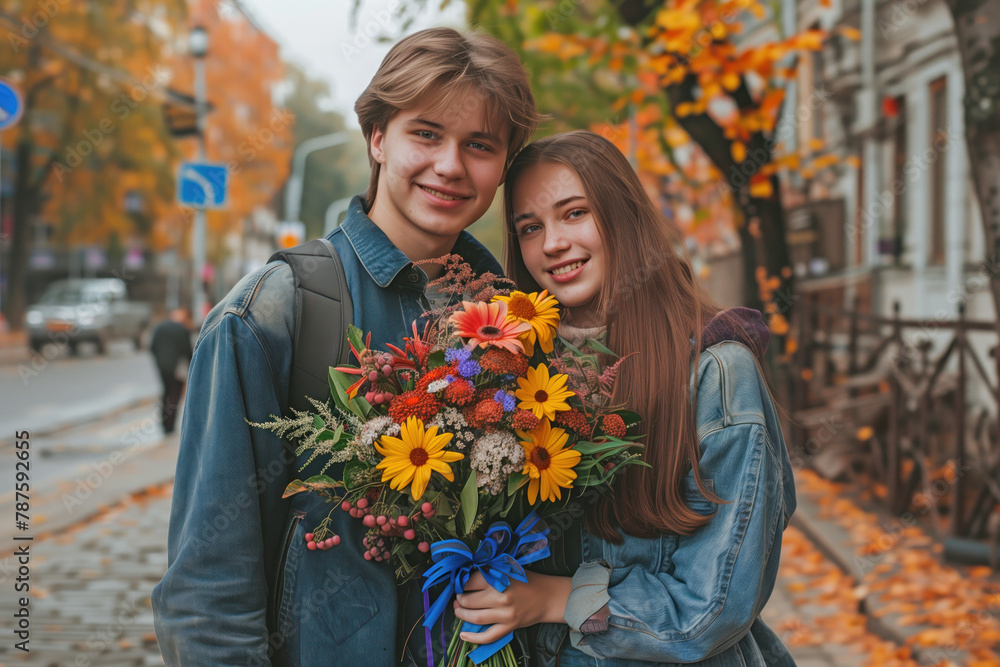 Fototapeta premium A young couple is posing for a picture with a bouquet of flowers