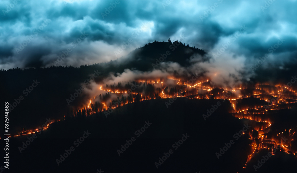 forest fires view from above, trees are burning in the mountains