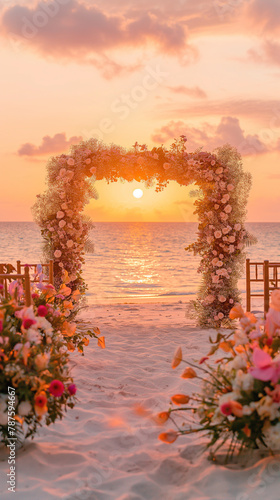 Serene beachside wedding arch during golden hour ideal for wedding inspiration blogs and sunset beach photography collections