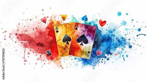watercolor art of Casino poker 3D vector icon card set with paint splashes rough texture , playing ace card, Vegas tournament banner, white background 