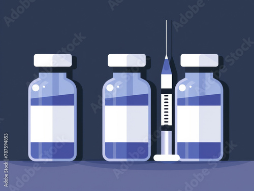Illustration of three vaccine vials and a syringe on a dark background.
