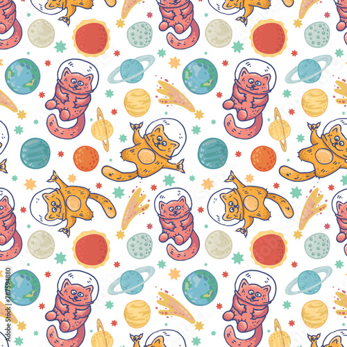 Space pattern with cats astronauts among planets, asteroids and stars. Galaxy pattern on a white background. Vector background for wallpaper, clothes, pajamas, cards and decoration. © Natali