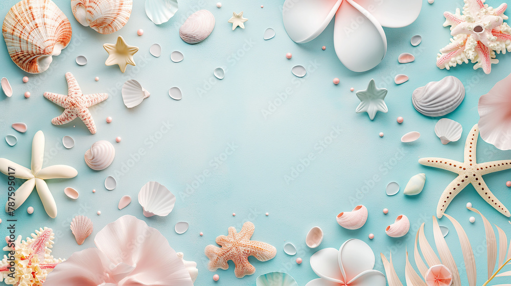 Pastel marine composition with shells and floral elements suitable for spa and wellness advertisement or relaxation themed content. Pastel marine composition with shells and floral elements suitable for spa and wellness advertisement or relaxation themed content.