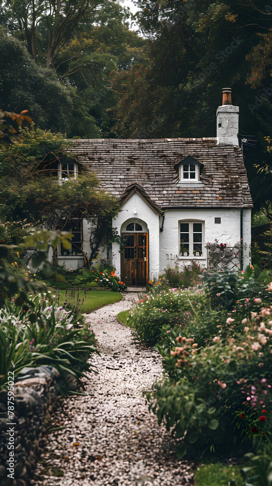 Serene Old-fashioned Single Story Cottage House Nestled among Lush Greenery