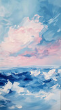 Expressive seascape painting in pink and blue tones ideal for art therapy advertising or tranquil home decor.