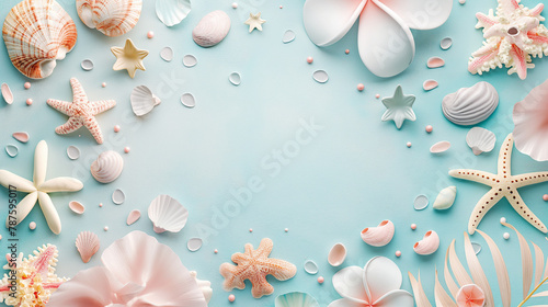 Pastel marine composition with shells and floral elements suitable for spa and wellness advertisement or relaxation themed content.