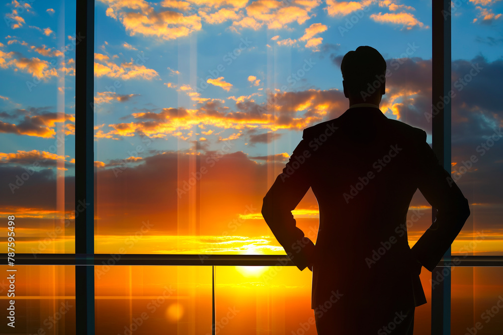 Fototapeta premium Young businessman looking through window of his office, bright future. Sunset light.