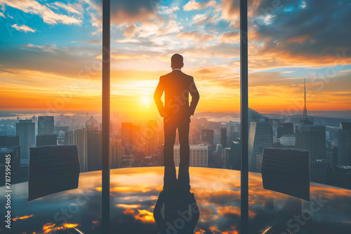 Young businessman looking through window of his office, bright future. Sunset light.