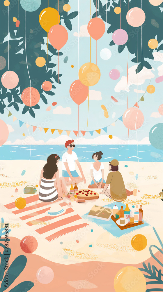 Festive beach gathering with pizza and drinks, excellent for food blog features and summer party flyers