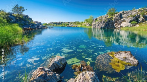 Stunning Lake with Azure Water Rocks and Clear Blue Sky © 2rogan