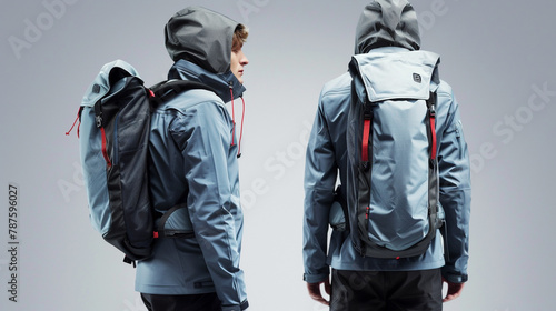 A backpack with a detachable hood and waterproof compartments for electronics.