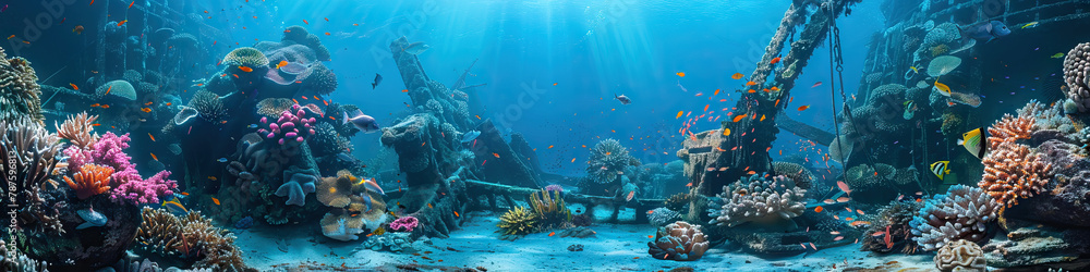 Naklejka premium Underwater Wonders: Coral Reefs, Marine Life, and Shipwrecks 