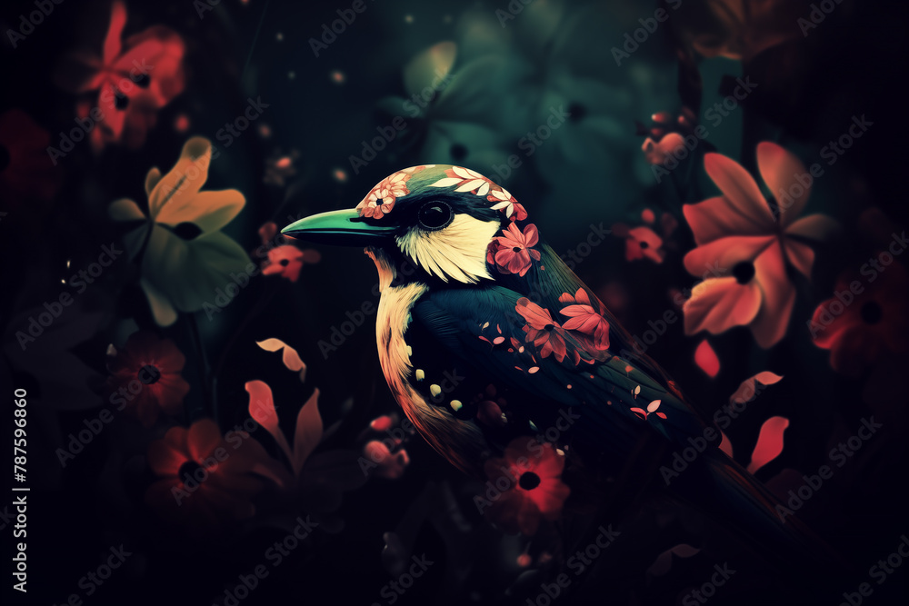 A stylized bird with floral decor in a shadowy, artistic setting.