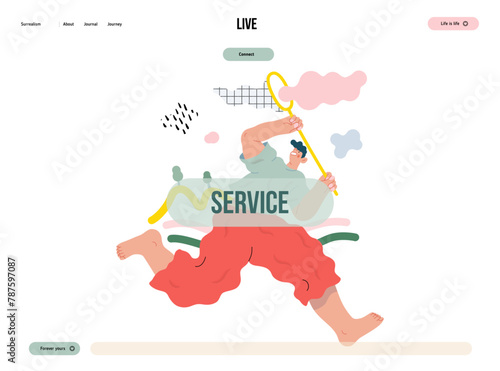 Life Unframed: Cloud catcher -modern flat vector concept illustration of running man with butterfly net. Metaphor of unpredictability, imagination, whimsy, cycle of existence, play, growth, discovery