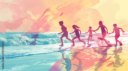 Group of children running on the beach, abstract colorful illustration, summer fun