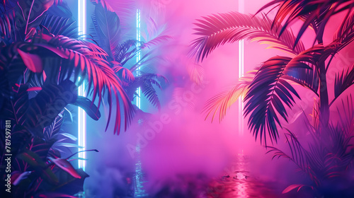Illustration of a tropical background in neon light in retro style photo