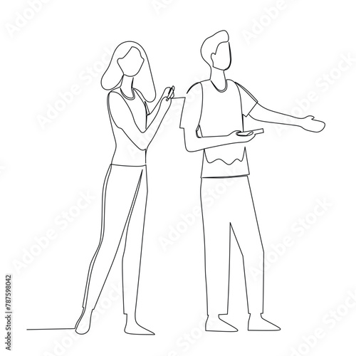 Businessman and businesswoman having a business conversation. Effective communication in business concept. Simple continuous line drawing vector illustration