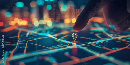Finger Pointing at 3D GPS Pin on Illuminated City Map photo