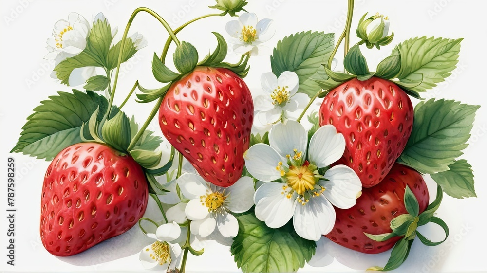 A painting featuring vibrant strawberries and colorful flowers against a clean white background. Generative AI A painting featuring vibrant strawberries and colorful flowers against a clean white background. Generative AI