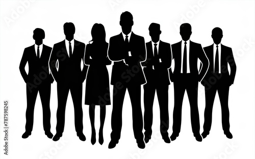 Silhouettes of a diverse group of businessmen and women standing together against a plain white background. Generative AI