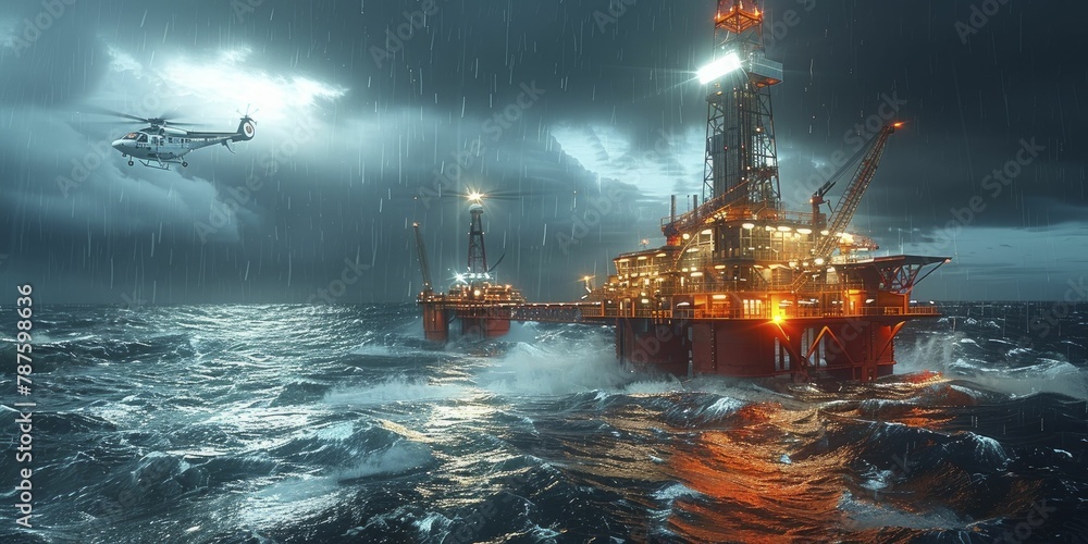 Cinematic night shoot of an oil rig, helicopter circling above with spotlight, intense and dramatic ocean backdrop.